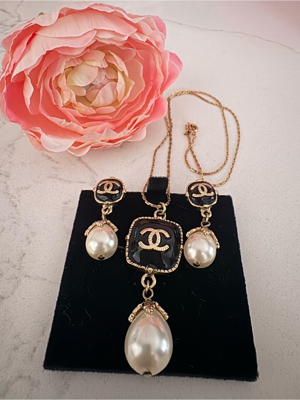 CHANEL Black and Gold Faux Pearl Pendant Necklace and Dangle Earrings